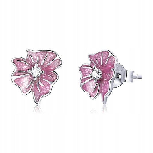 Srebrne kolczyki z różowymi kwiatkami - srebro S925