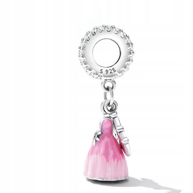 Charms różowa sukienka i korona z napisem Princess - srebro S925