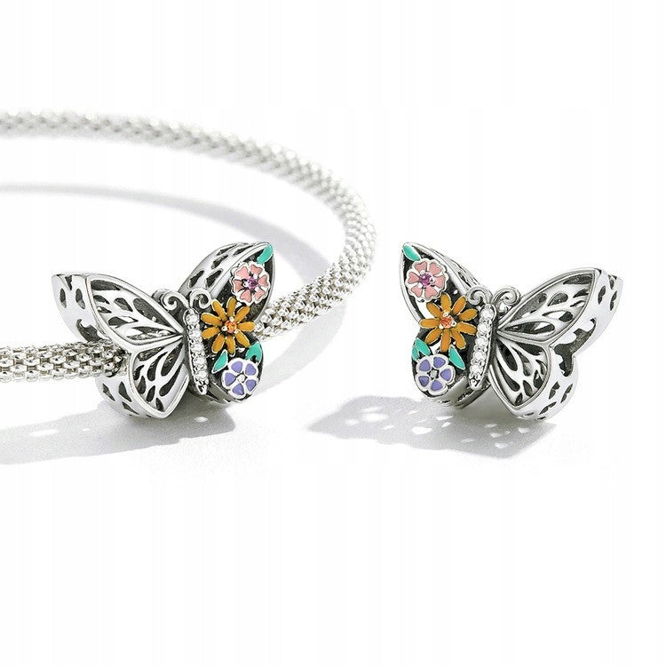 Charms Beads motylek z kwiatkami i cyrkoniami - srebro S925