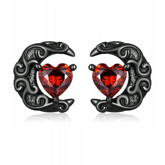 Srebrne kolczyki punkowe księżyc z czerwonym sercem - srebro S925