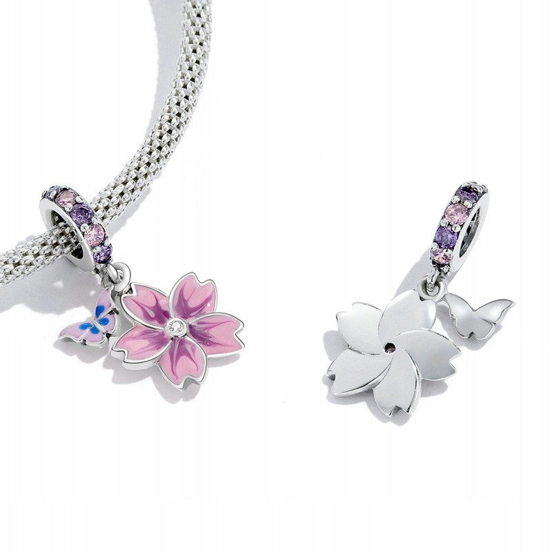 Charms srebrny kwiatek z motylkiem i cyrkoniami - srebro S925
